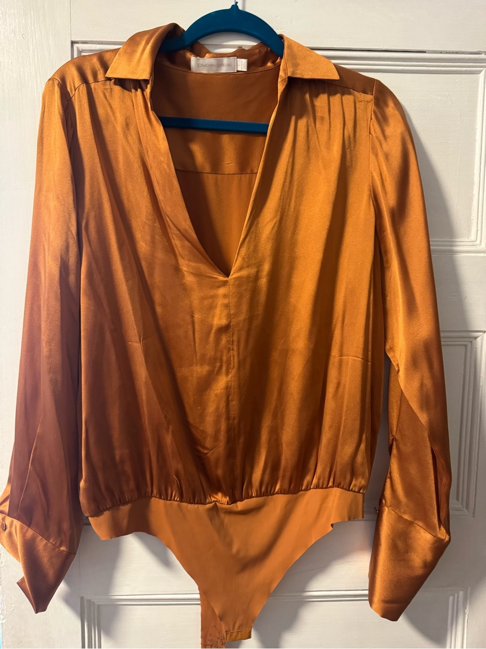 Simkhai Satin Plunge Collar Bodysuit Top in Burnt Orange